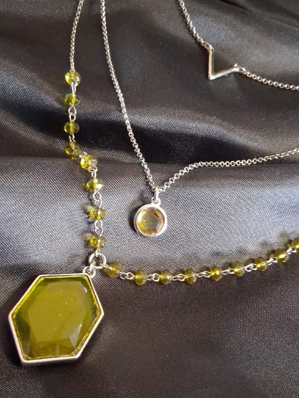 Charming Charlie Silver Layered Necklace & Earring Set with Olive Green Stones - Picture 4 of 8